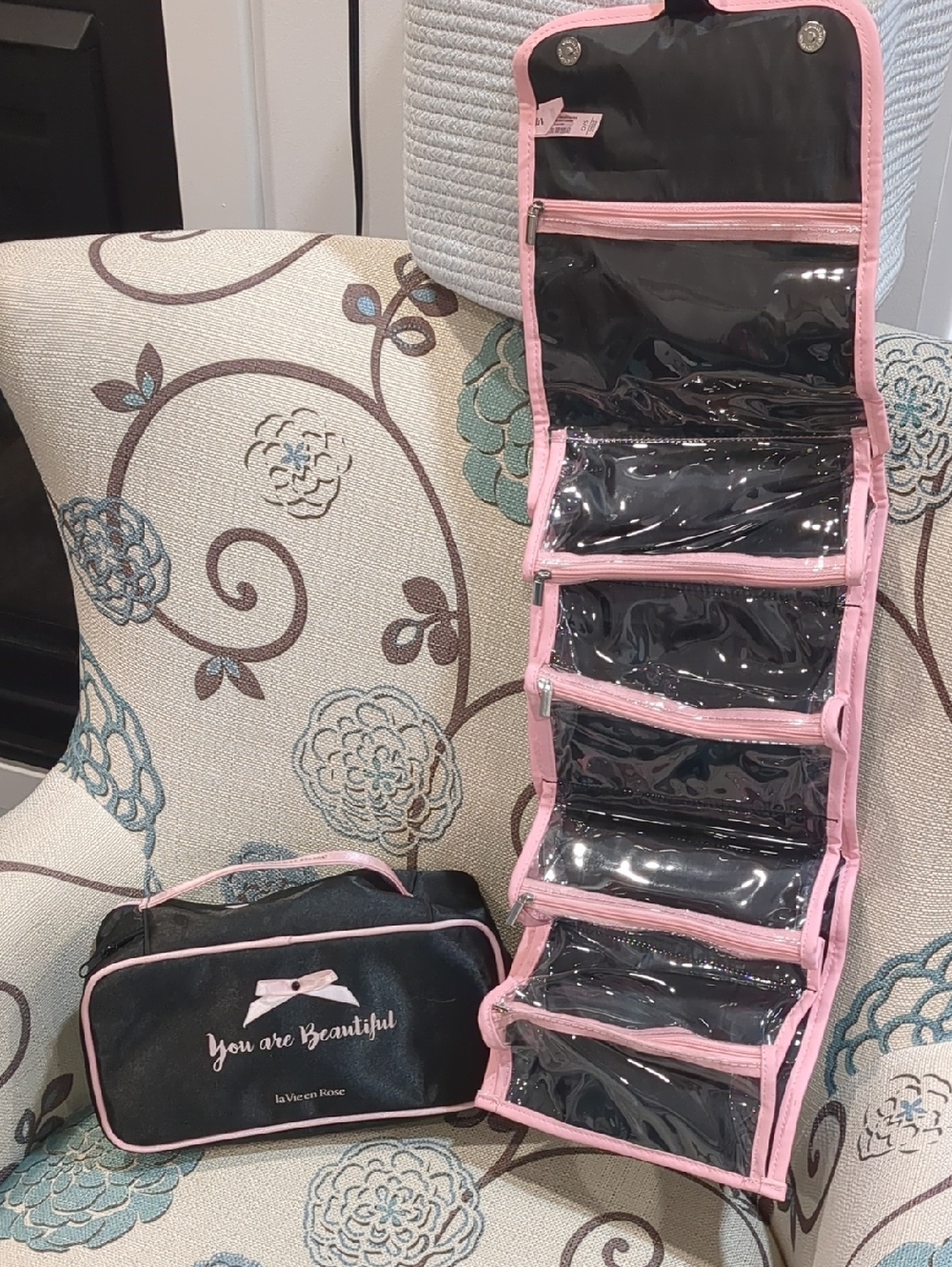 La Vie En Rose Pink Hanging Makeup & Toiletry Organizer with Travel Case